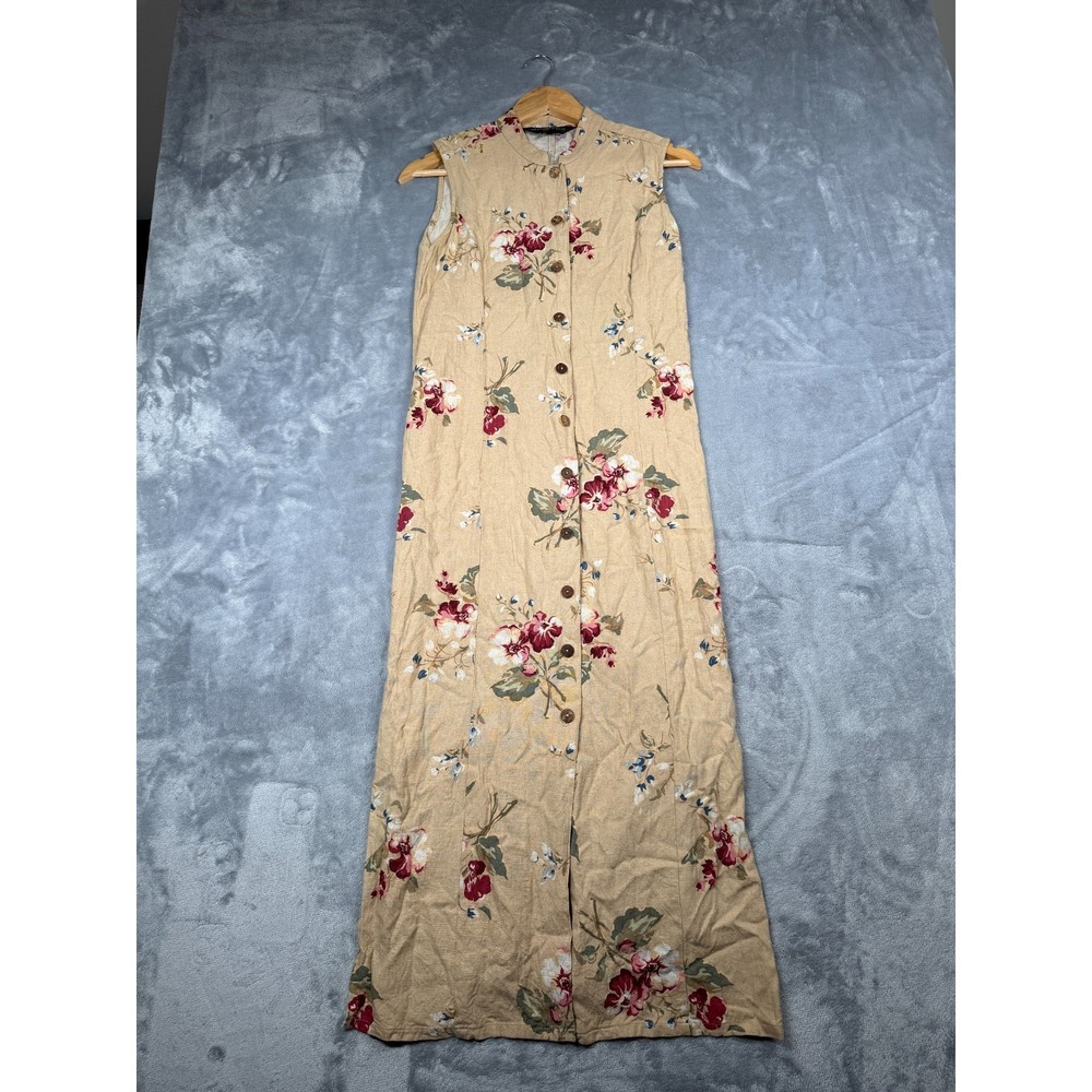 VTG Bushwacker Long Shirt Dress Womens 10 Beige Floral Summer Button Front USA